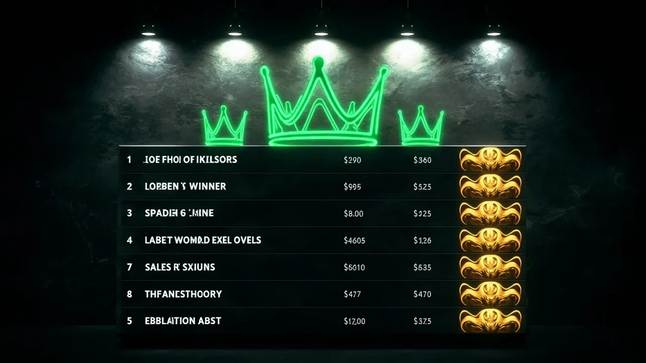 Full mega-contest leaderboard table showing the top twenty fantasy teams with rank, username, total points and a one-line team-shape note for each