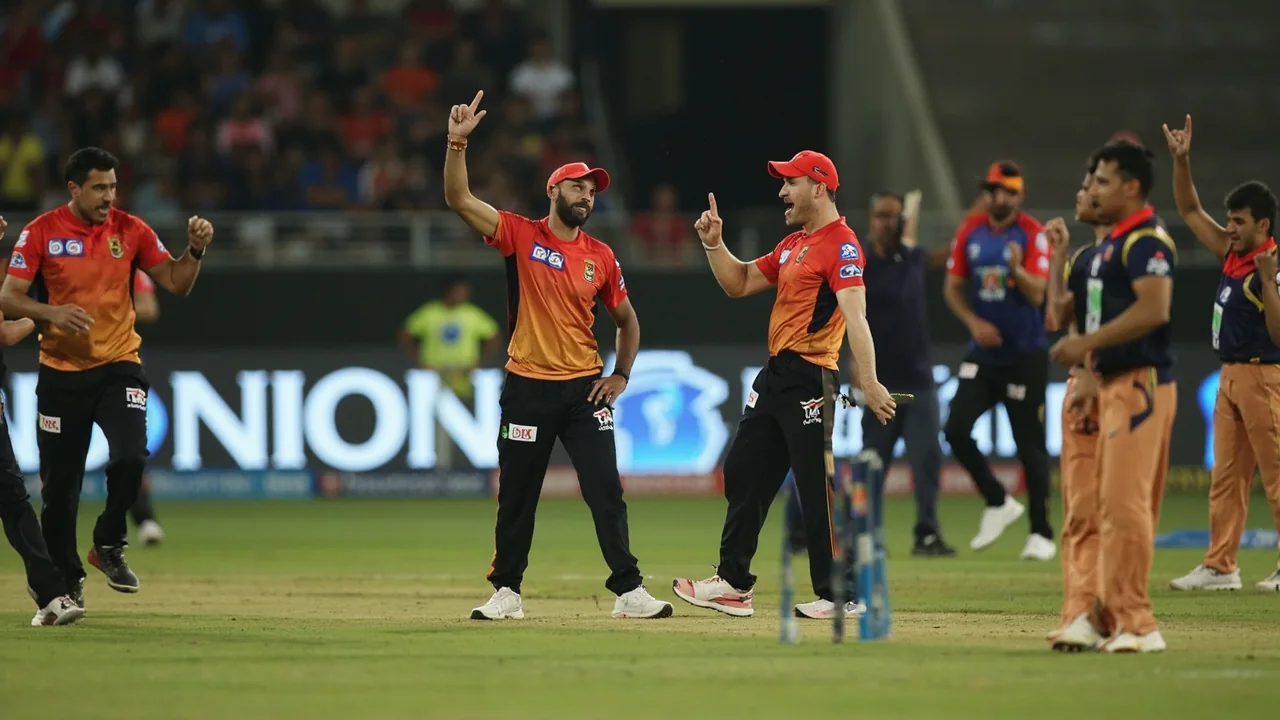 Medium tactical view of a cricket field during a powerplay, with the batter close to the crease, the bowler in delivery stride, and a slip cordon set for an edge — a frame that captures the captaincy-driven tactical layer of the IPL