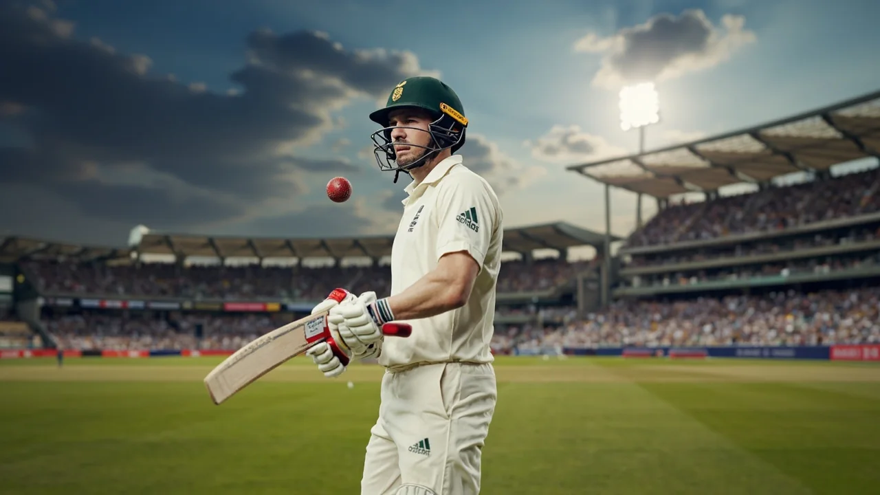 Wide editorial view of a brand-new English county cricket oval on its opening day, with a sparse crowd in the stands, a freshly mown outfield and the low Lancashire pavilion profile under a soft Lancashire sky
