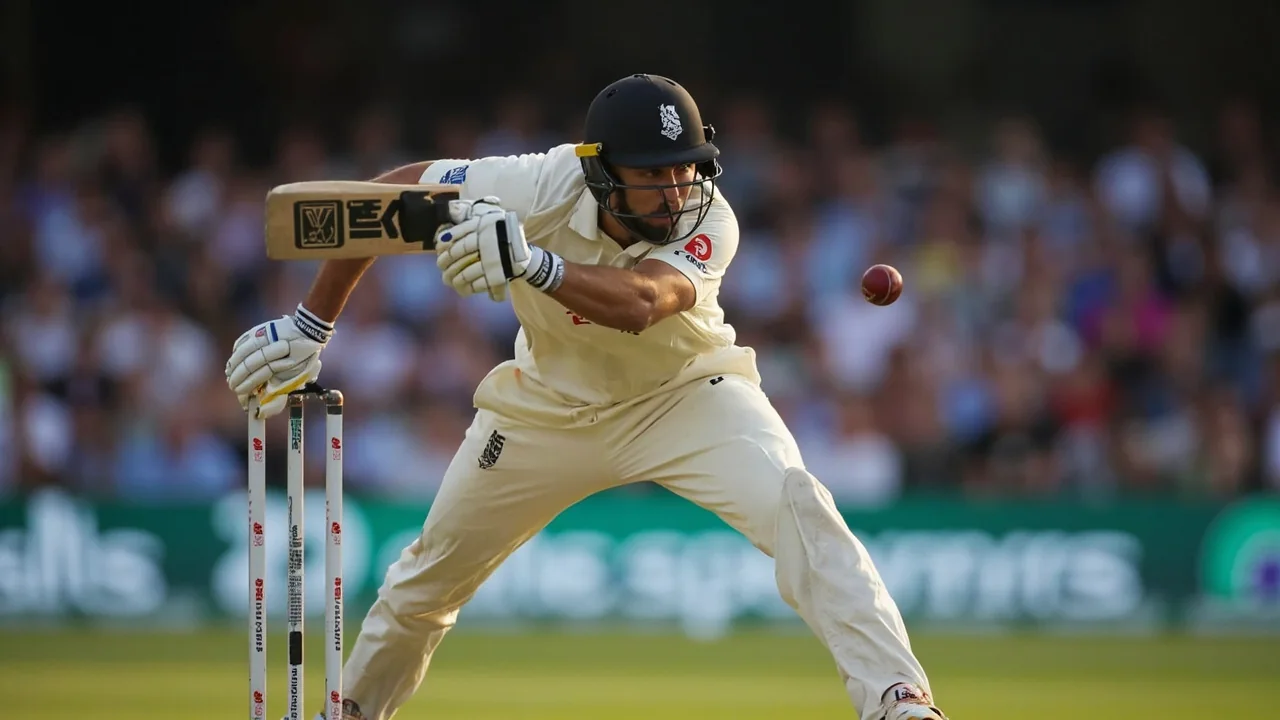 Editorial sideline action frame of a Lancashire batter driving through the off side during the AO Farington opener, with the new ground's low pavilion visible in the soft background and an unusually thin crowd line behind the rope